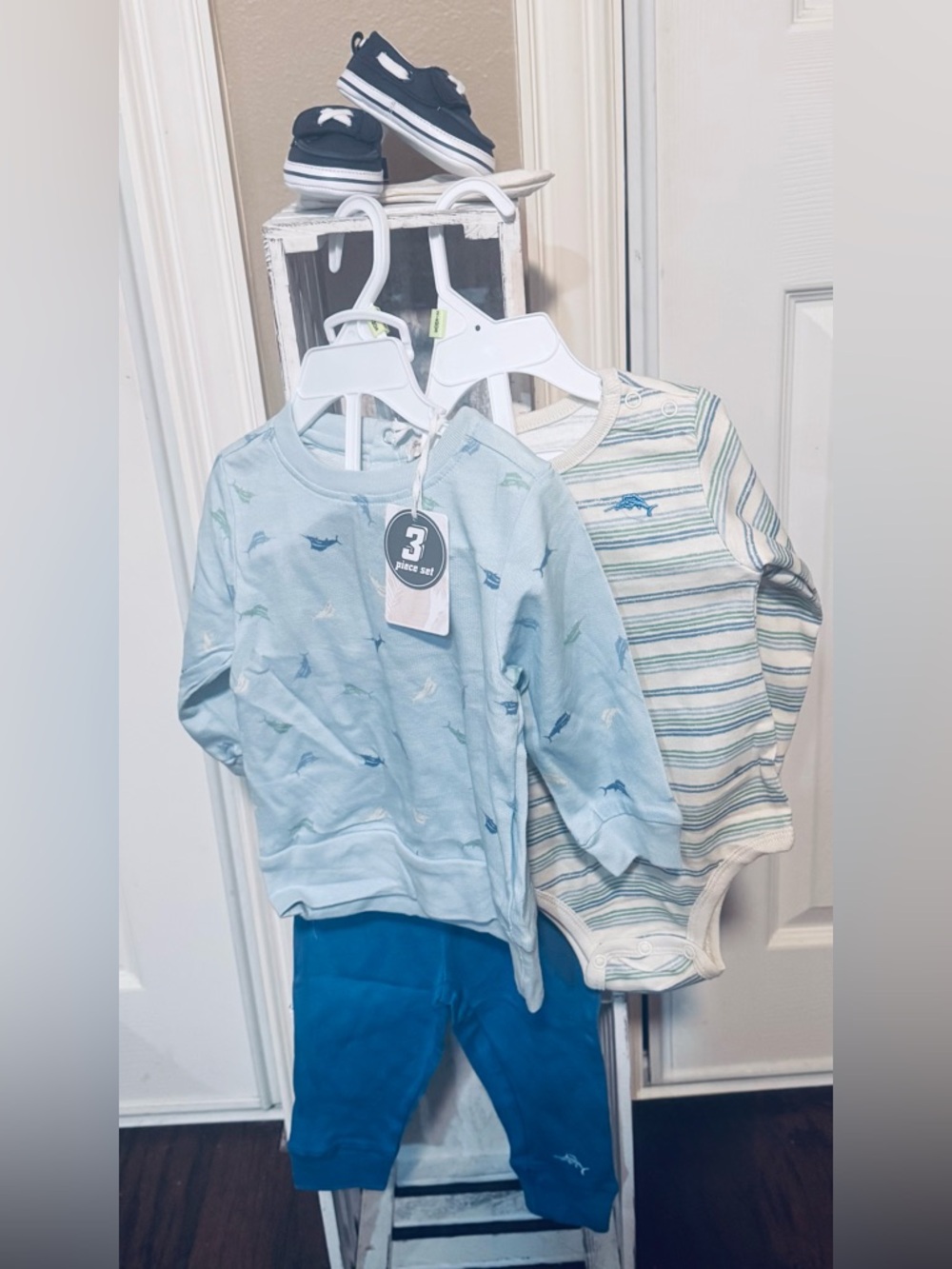 Tommy Bahama Baby Light Blue Set with Green Shark Motif
